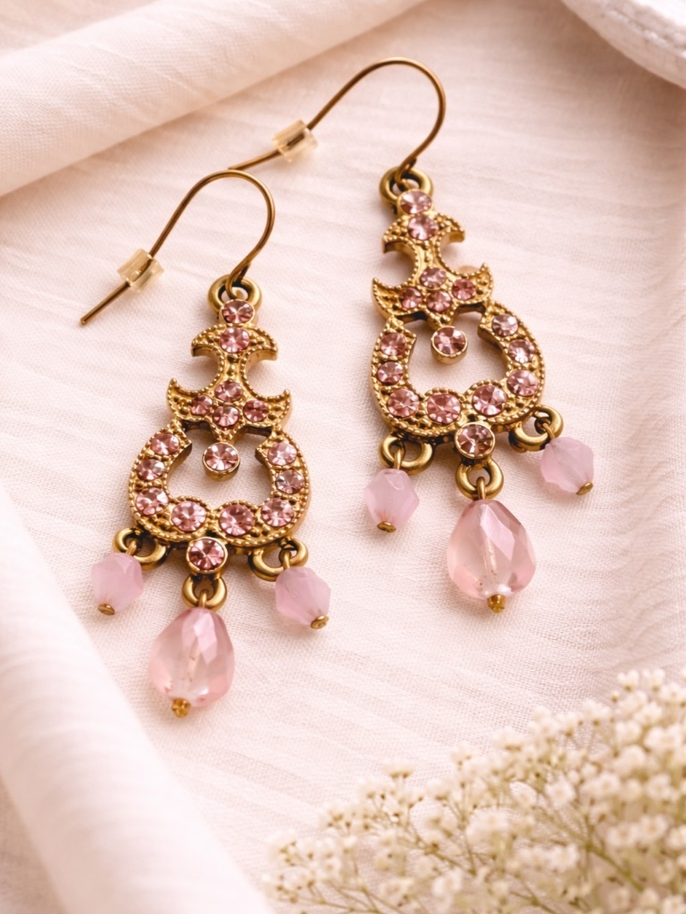Gold-Tone Pink Floral Crystal Dangle Drop Earrings Boho Feminine